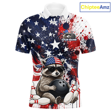 Load image into Gallery viewer, Custom us flag raccoon bowling jersey for men, personalized team bowling polo shirt front view