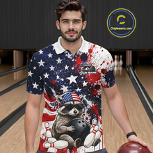 Load image into Gallery viewer, Men’s us flag raccoon bowling polo shirt, front view on male model in bowling lane 