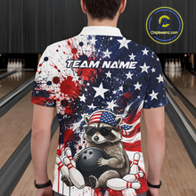 Load image into Gallery viewer, Men’s us flag raccoon bowling polo shirt, back view on male model in bowling lane 