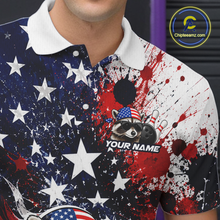 Load image into Gallery viewer, Men’s us flag raccoon bowling polo shirt with custom name, angled front view showing custom team design 
