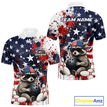 Load image into Gallery viewer, Custom us flag raccoon bowling jersey for men, personalized team bowling polo shirt front view and back view