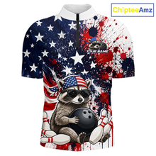 Load image into Gallery viewer, Custom us flag raccoon bowling jersey for men, personalized team bowling quarter zip shirt front view