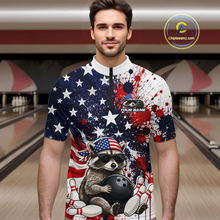 Load image into Gallery viewer, Men’s us flag raccoon bowling quarter zip shirt, front view on male model in bowling lane 