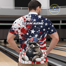 Load image into Gallery viewer, Men’s us flag raccoon bowling quarter zip shirt, back view on male model in bowling lane 