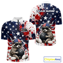 Load image into Gallery viewer, Custom us flag raccoon bowling jersey for men, personalized team bowling quarter zip shirt front view and back view