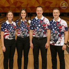 Load image into Gallery viewer, Group of bowlers in us flag raccoon team shirts, personalized bowling uniforms front view.