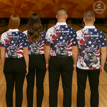 Load image into Gallery viewer, Group of bowlers in us flag raccoon team shirts, personalized bowling uniforms back view.