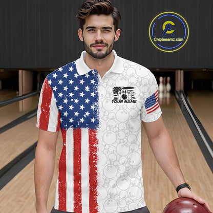 A man wearing a custom short-sleeve polo shirt with a split American flag design, standing in a bowling alley. The left side of the shirt features a distressed red, white, and blue American flag pattern, while the right side is white with a bowling pattern.