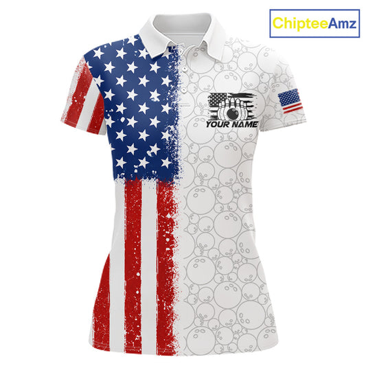 A women's short-sleeve polo shirt with a split American flag design: the left side features a distressed red, white, and blue flag pattern, while the right side is white with a subtle gray bowling-pin pattern. The center chest has a black graphic with a bowling pin illustration and the text 'YOUR NAME', and a small American flag is printed on the right sleeve.