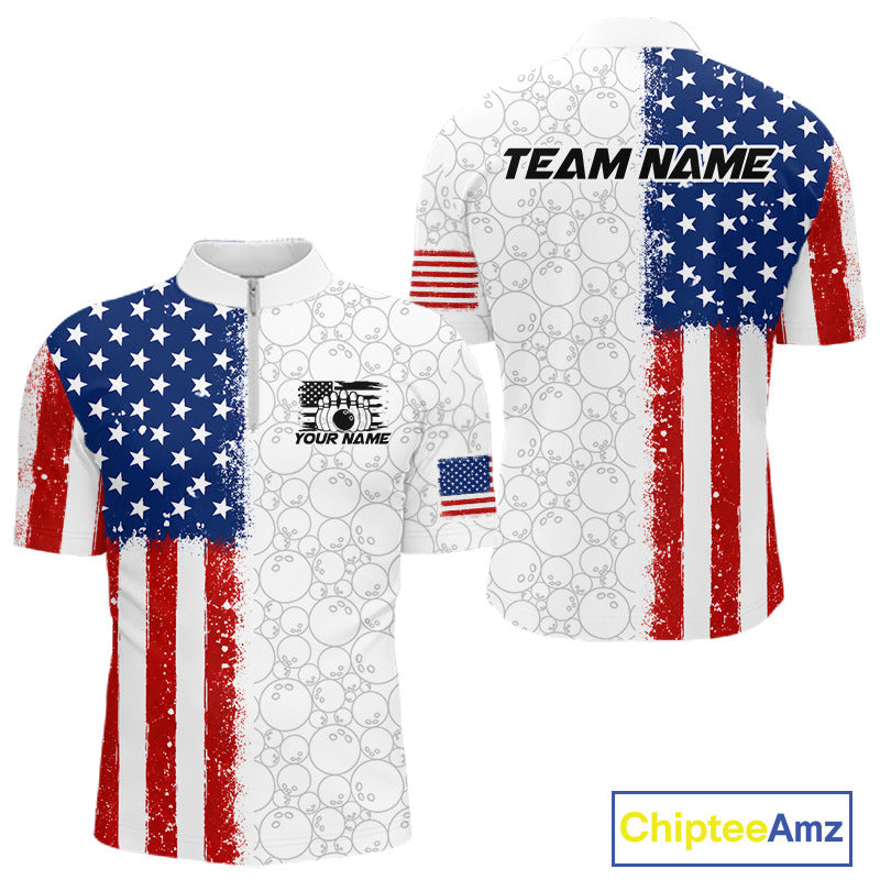 Custom American flag cycling jersey shown from both front and back views. The jersey features a distressed red, white, and blue US flag design with a white center panel containing a faint bowling pattern.