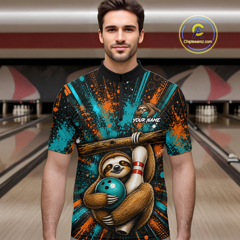 A man wearing a short-sleeve bowling shirt with a colorful sloth graphic holding a bowling ball, set against a blurred bowling alley background. A 'ChipteeAmz'.