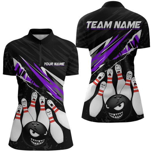 Custom Purple Funny Bowling Jersey for Women Bowling Uniform Polo & 1/4 Zip Bowling Team Shirts HNT128