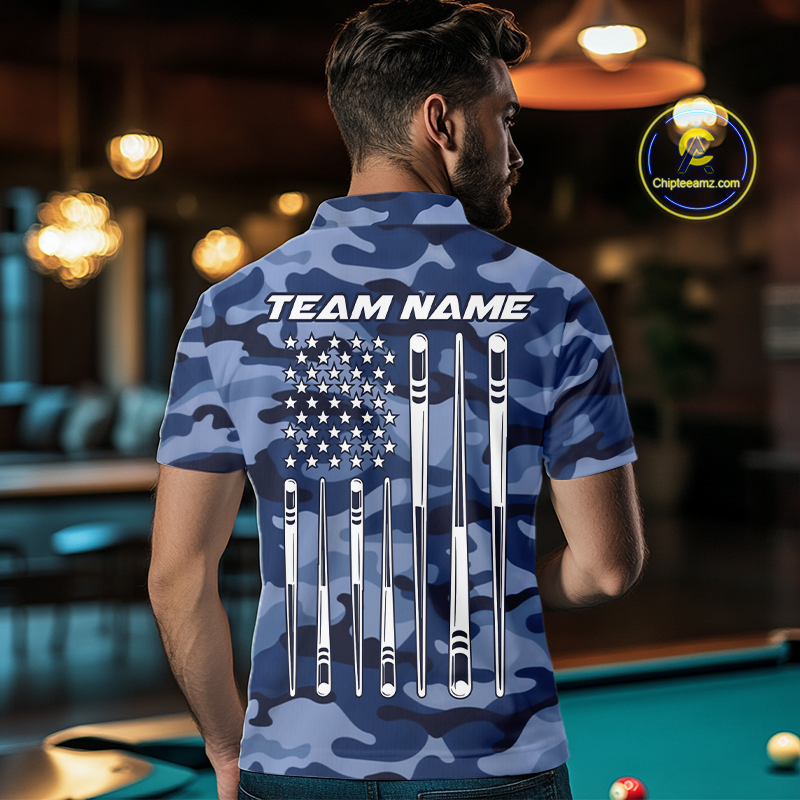 Custom Blue Camo 8 Ball Billiard Shirts for Men Billiard League Billiard Team Shirts NNT106