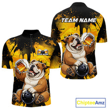 Load image into Gallery viewer, Bulldog-themed shirt with 'Team Name' and 'Your Name' text, featuring a bulldog holding a beer mug and bowling ball.