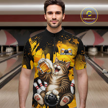 Load image into Gallery viewer, Man wearing a colorful bowling-themed shirt with a cat design in a bowling alley.