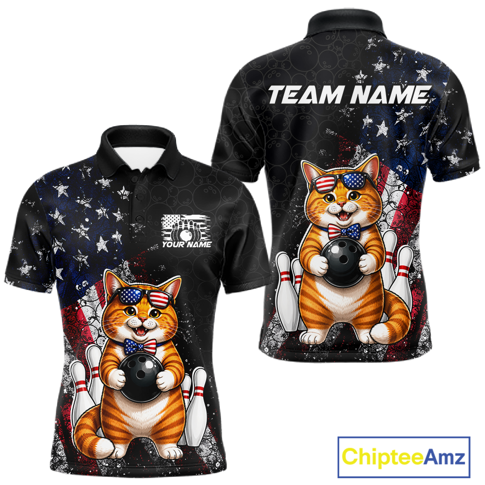 Men polo shirt with a cat bowling design on a black background, featuring American flags and text.