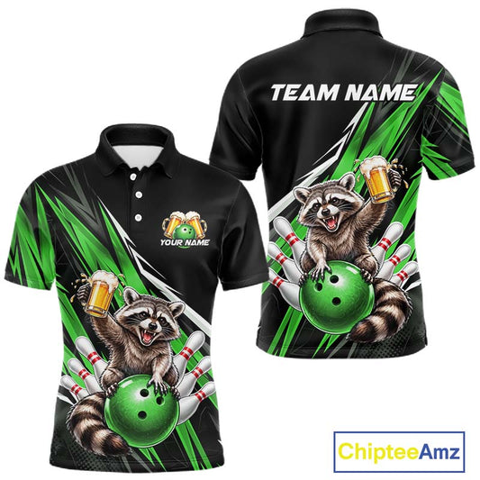 Green Funny Beer Raccoon Custom Bowling Shirts for Men Bowling Team Jersey Polo & 1/4 Zip HNT674