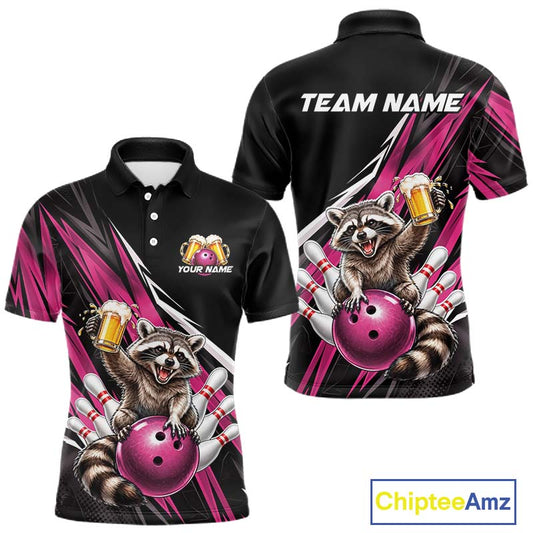 Pink Funny Beer Raccoon Custom Bowling Shirts for Men Bowling Team Jersey Polo & 1/4 Zip HNT674