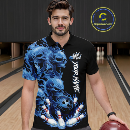 Custom Flame Skull Bowling Jerseys for Men Bowling League Polo & 1/4 Zip Bowling Team Shirts HNT203