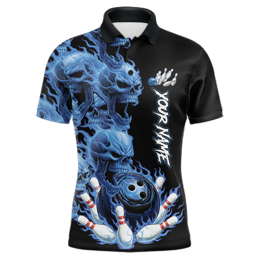 Custom Flame Skull Bowling Jerseys for Men Bowling League Polo & 1/4 Zip Bowling Team Shirts HNT203