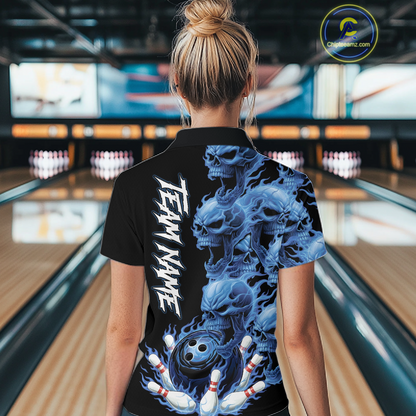Custom Flame Skull Bowling Jerseys for Women Bowling League Polo & 1/4 Zip Bowling Team Shirts HNT203