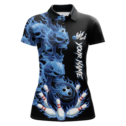 Custom Flame Skull Bowling Jerseys for Women Bowling League Polo & 1/4 Zip Bowling Team Shirts HNT203