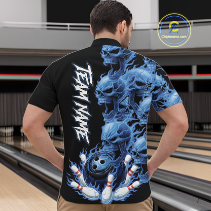 Custom Flame Skull Bowling Jerseys for Men Bowling League Polo & 1/4 Zip Bowling Team Shirts HNT203