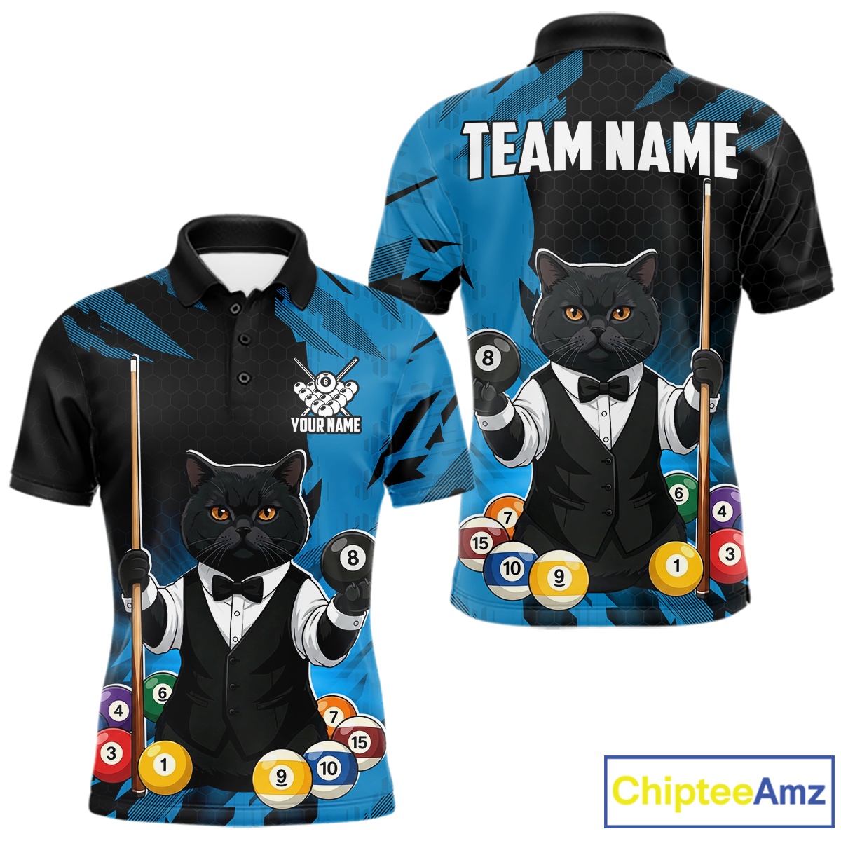 Custom Black Cat 8 Ball Pool Shirts Blue Billiard Shirt for Men Billiard Team Jersey Billiard Gift NNT181