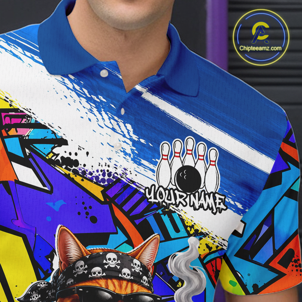 Colorful polo shirt with graphic design and brand logo in the corner