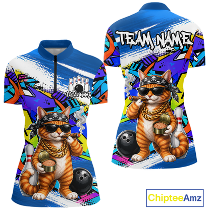Women quarter zip colorful a funny cat design and 'Chiptee Amz' branding.