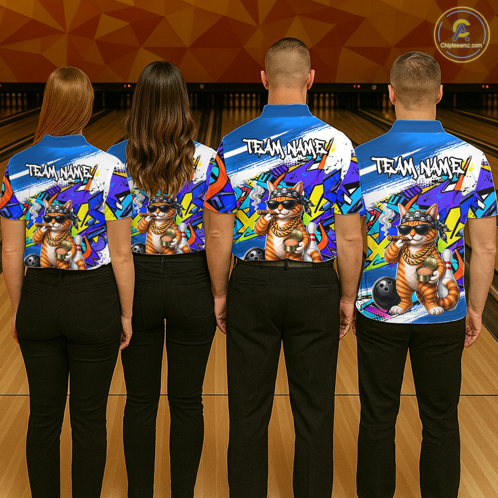 Four people wearing colorful bowling shirts with funny cat on a bowling alley.