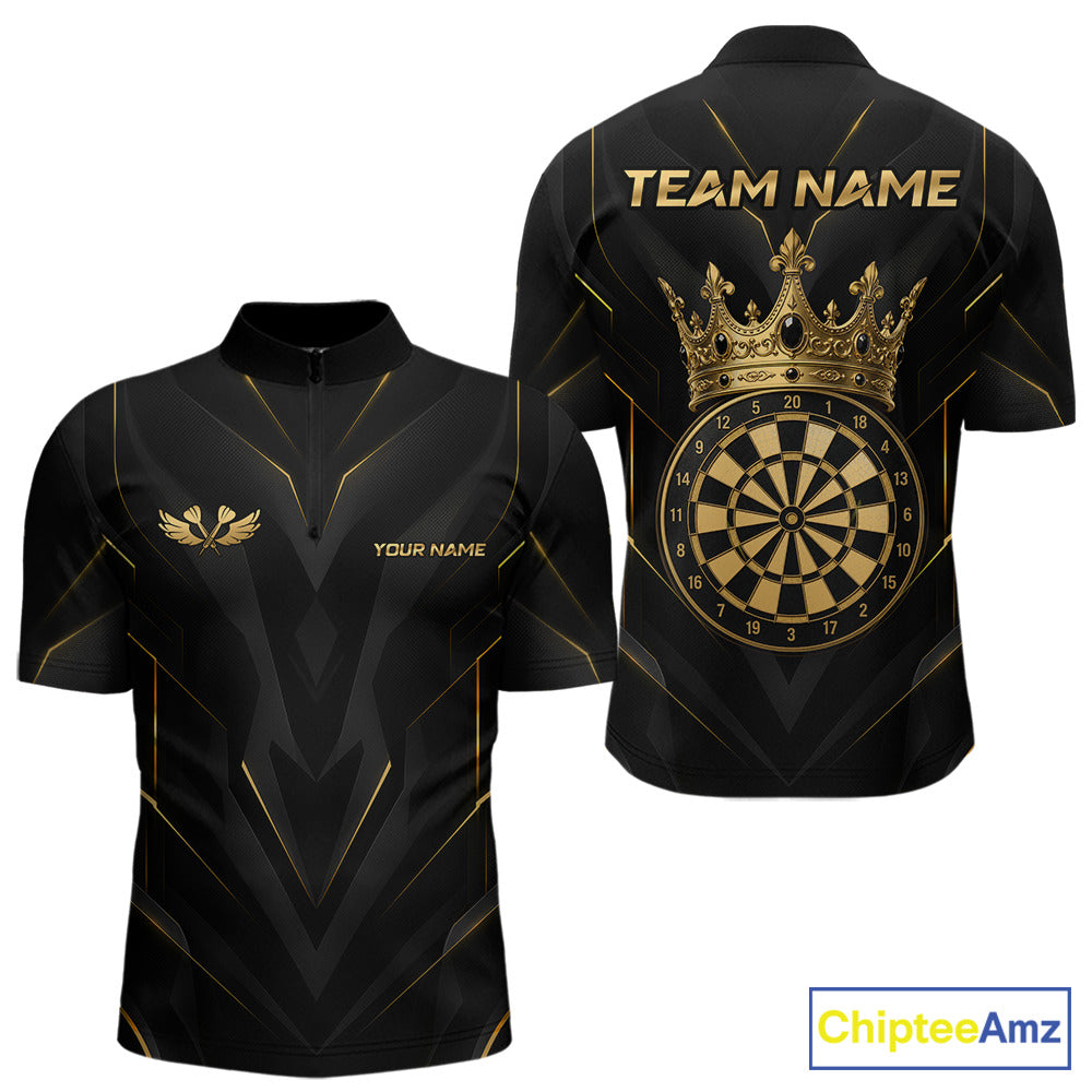 Black short-sleeve zip-up racing or gaming shirt shown from the front and back, with gold geometric line details, a gold wing logo on the chest, customizable text placeholders, and a large gold crown over a dartboard graphic on the back. A ChipteeAmz logo appears in the bottom right corner.
