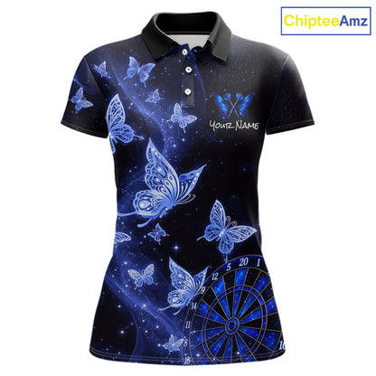 A women's short-sleeve polo shirt with a black collar and a blue butterfly and starry space print, featuring a customizable name text area on the chest and a dartboard graphic near the lower right hem. The ChipteeAmz logo is visible in the top right corner.