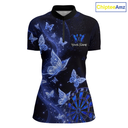 A women's short-sleeve polo shirt with a black collar and a blue galaxy/butterfly print, featuring a mock zip and a customizable name placeholder on the chest. A 'ChipteeAmz' logo is visible in the top right corner.