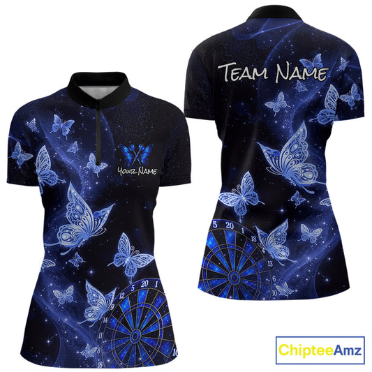 Custom short-sleeve polo shirt shown from the front and back, featuring a dark blue and black galaxy print with glowing blue butterflies, stars, and a dartboard graphic. The front has a mock neck and a small customizable text area, while the back has a larger 'TEAM NAME' text area.