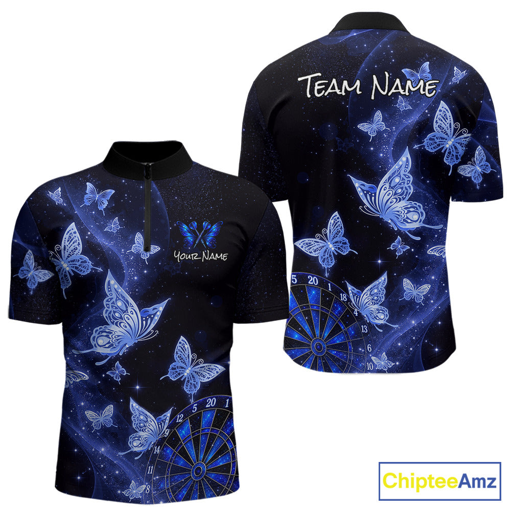 Custom short-sleeve quarter-zip polo shirt shown from the front and back, featuring a blue and black galaxy print with white butterflies, stars, and dartboard graphics. The front has placeholder text 'Your Name' and 'TEAM NAME' on the back.