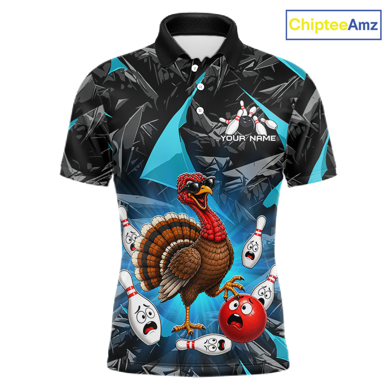 Turquoise Funny Turkey Bowling Team Shirts for Men Custom Chicken Thanksgiving Bowling HNT535