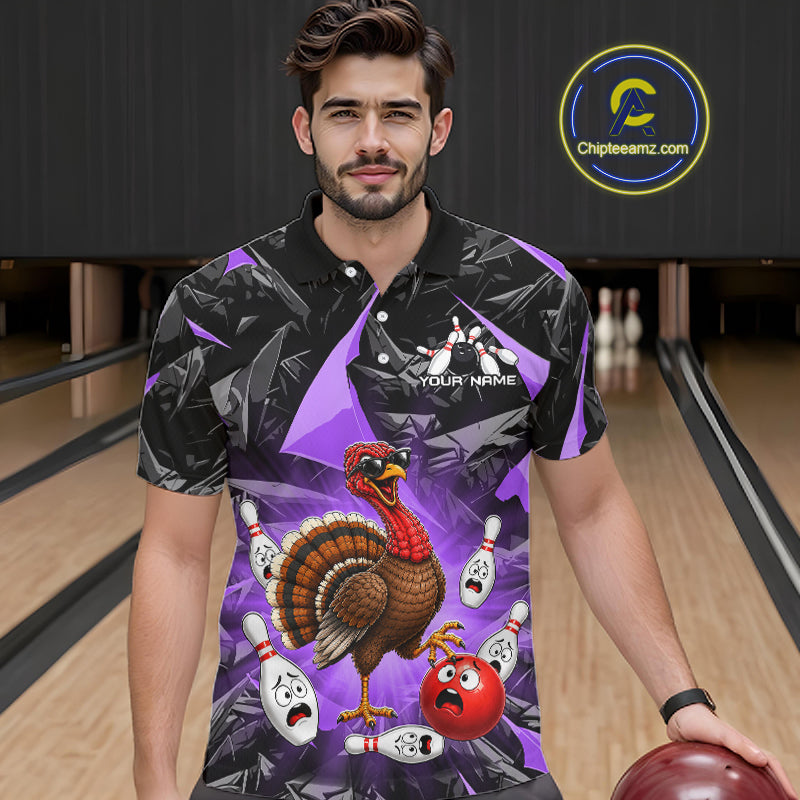 Purple Funny Turkey Bowling Team Shirts for Men Custom Chicken Thanksgiving Bowling HNT535