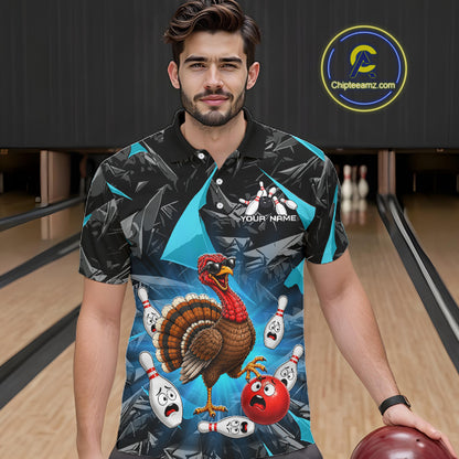 Turquoise Funny Turkey Bowling Team Shirts for Men Custom Chicken Thanksgiving Bowling HNT535