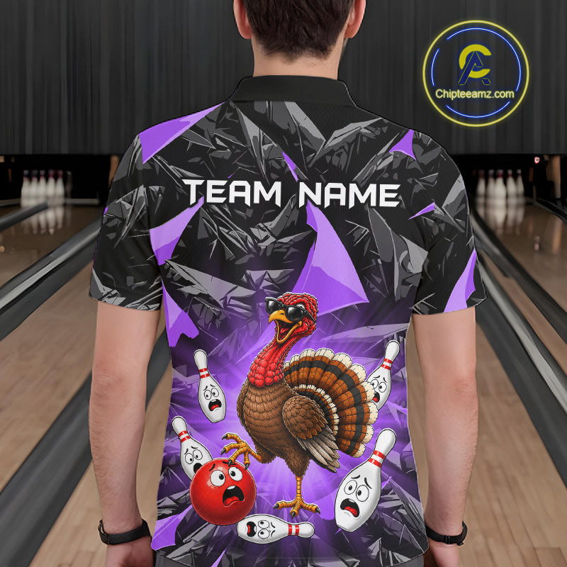 Purple Funny Turkey Bowling Team Shirts for Men Custom Chicken Thanksgiving Bowling HNT535