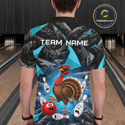 Turquoise Funny Turkey Bowling Team Shirts for Men Custom Chicken Thanksgiving Bowling HNT535