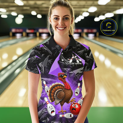 Purple Funny Turkey Bowling Team Shirts for Women Custom Chicken Thanksgiving Bowling HNT535