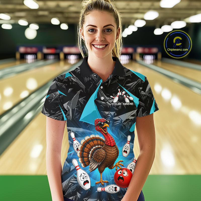 Turquoise Funny Turkey Bowling Team Shirts for Women Custom Chicken Thanksgiving Bowling HNT535