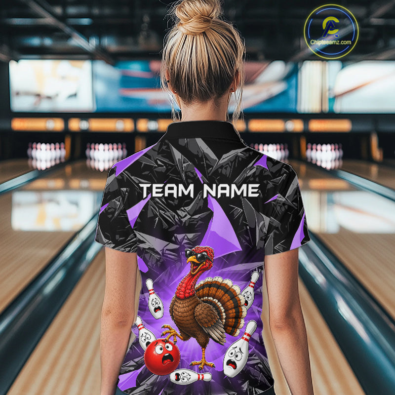 Purple Funny Turkey Bowling Team Shirts for Women Custom Chicken Thanksgiving Bowling HNT535