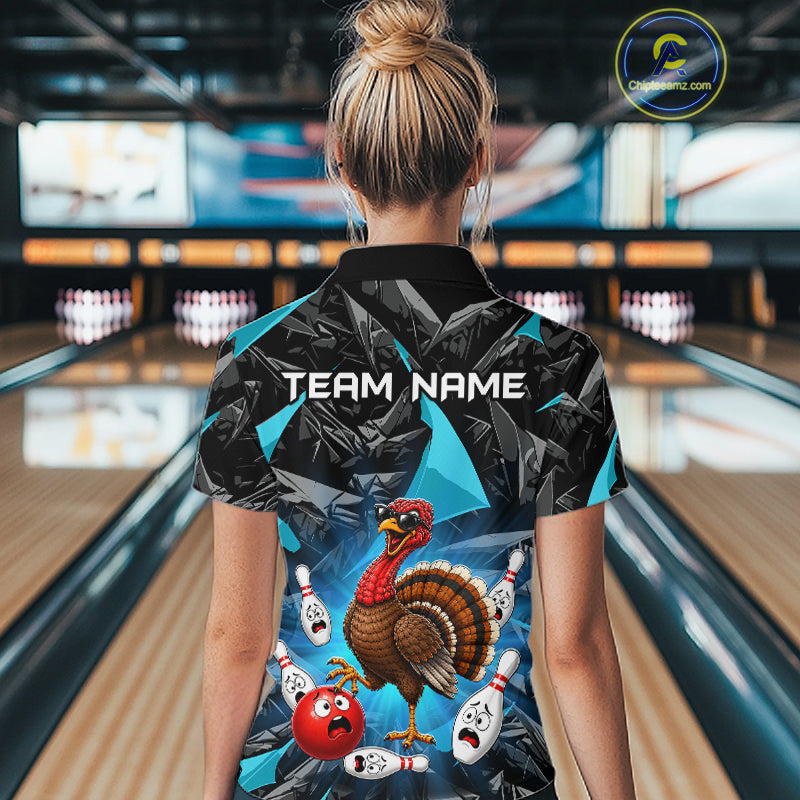 Turquoise Funny Turkey Bowling Team Shirts for Women Custom Chicken Thanksgiving Bowling HNT535