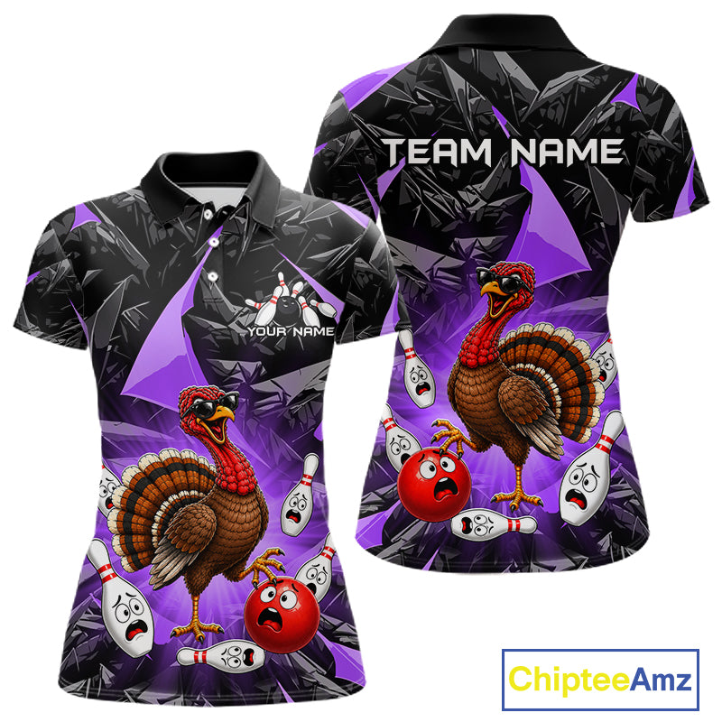 Purple Funny Turkey Bowling Team Shirts for Women Custom Chicken Thanksgiving Bowling HNT535
