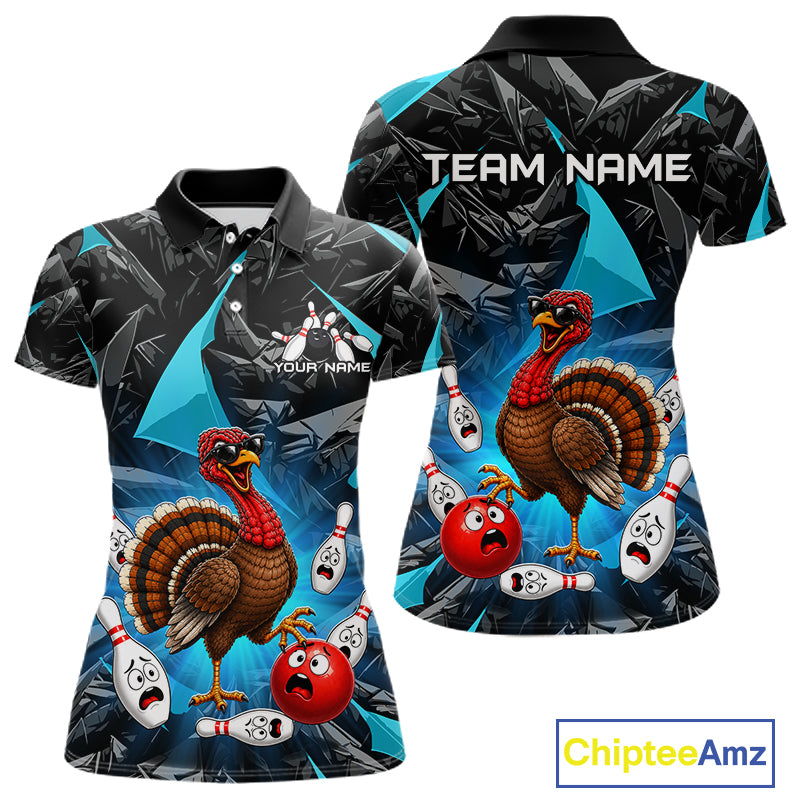 Turquoise Funny Turkey Bowling Team Shirts for Women Custom Chicken Thanksgiving Bowling HNT535