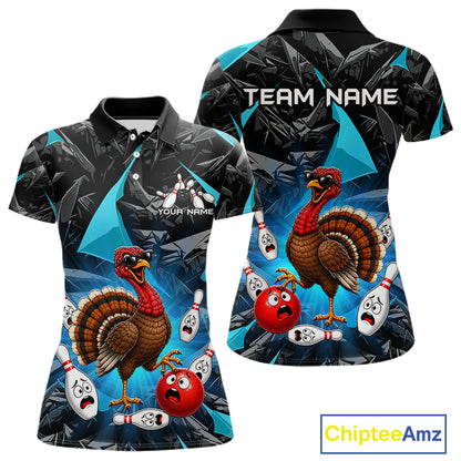 Turquoise Funny Turkey Bowling Team Shirts for Women Custom Chicken Thanksgiving Bowling HNT535