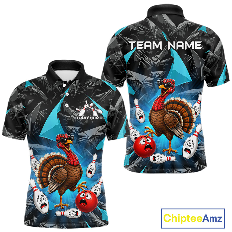 Turquoise Funny Turkey Bowling Team Shirts for Men Custom Chicken Thanksgiving Bowling HNT535