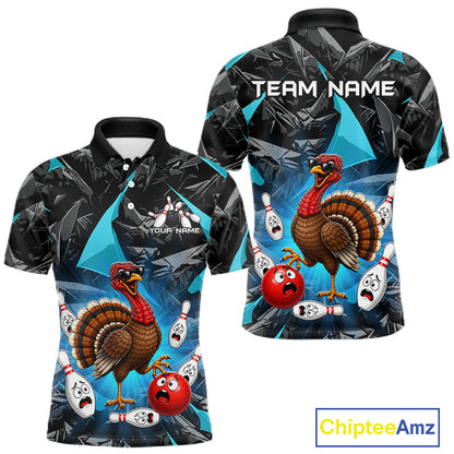 Turquoise Funny Turkey Bowling Team Shirts for Men Custom Chicken Thanksgiving Bowling HNT535